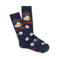 Pair of navy blue crew socks with baseballs, beer mugs, and 'Relief Pitcher' text.  Fun, sporty design.