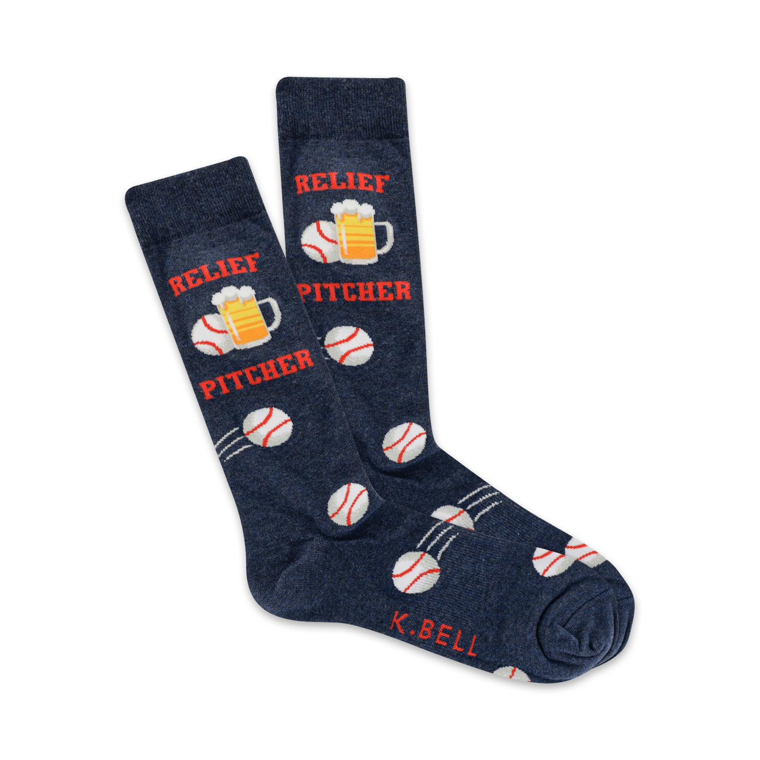 Pair of navy blue crew socks with baseballs, beer mugs, and 'Relief Pitcher' text.  Fun, sporty design.