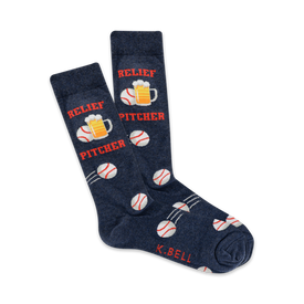 blue crew-length men's socks featuring a baseball and beer pitcher pattern with the words 'relief pitcher' printed on them.