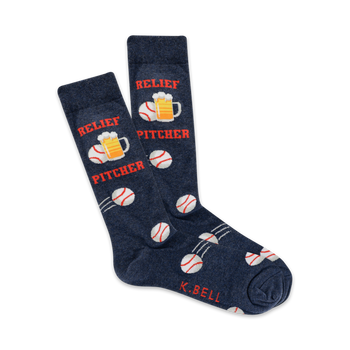 blue crew-length men's socks featuring a baseball and beer pitcher pattern with the words 'relief pitcher' printed on them.