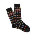 Black crew socks with a slot machine design.  Features red, yellow, purple fruit symbols, 'Lucky 777', and gold 'BAR' graphics.