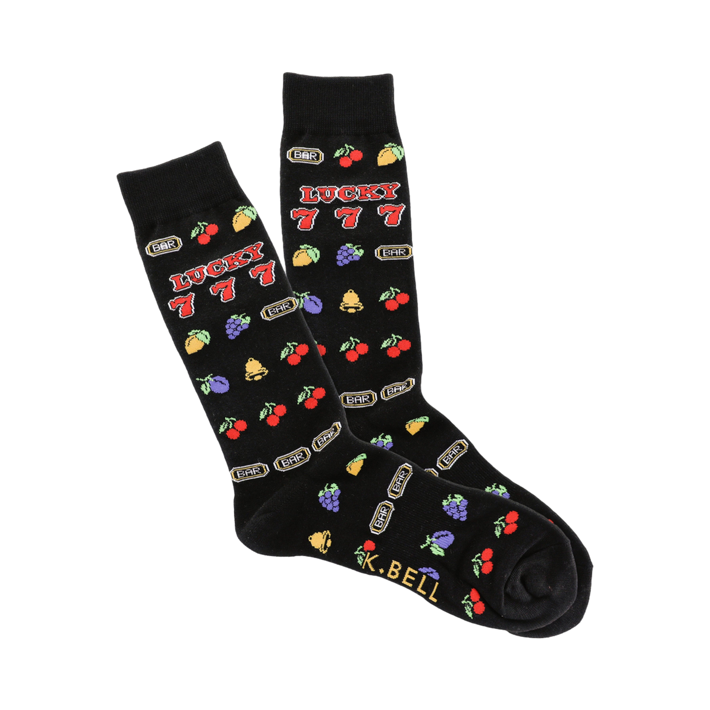 Black crew socks with a slot machine design.  Features red, yellow, purple fruit symbols, 'Lucky 777', and gold 'BAR' graphics.