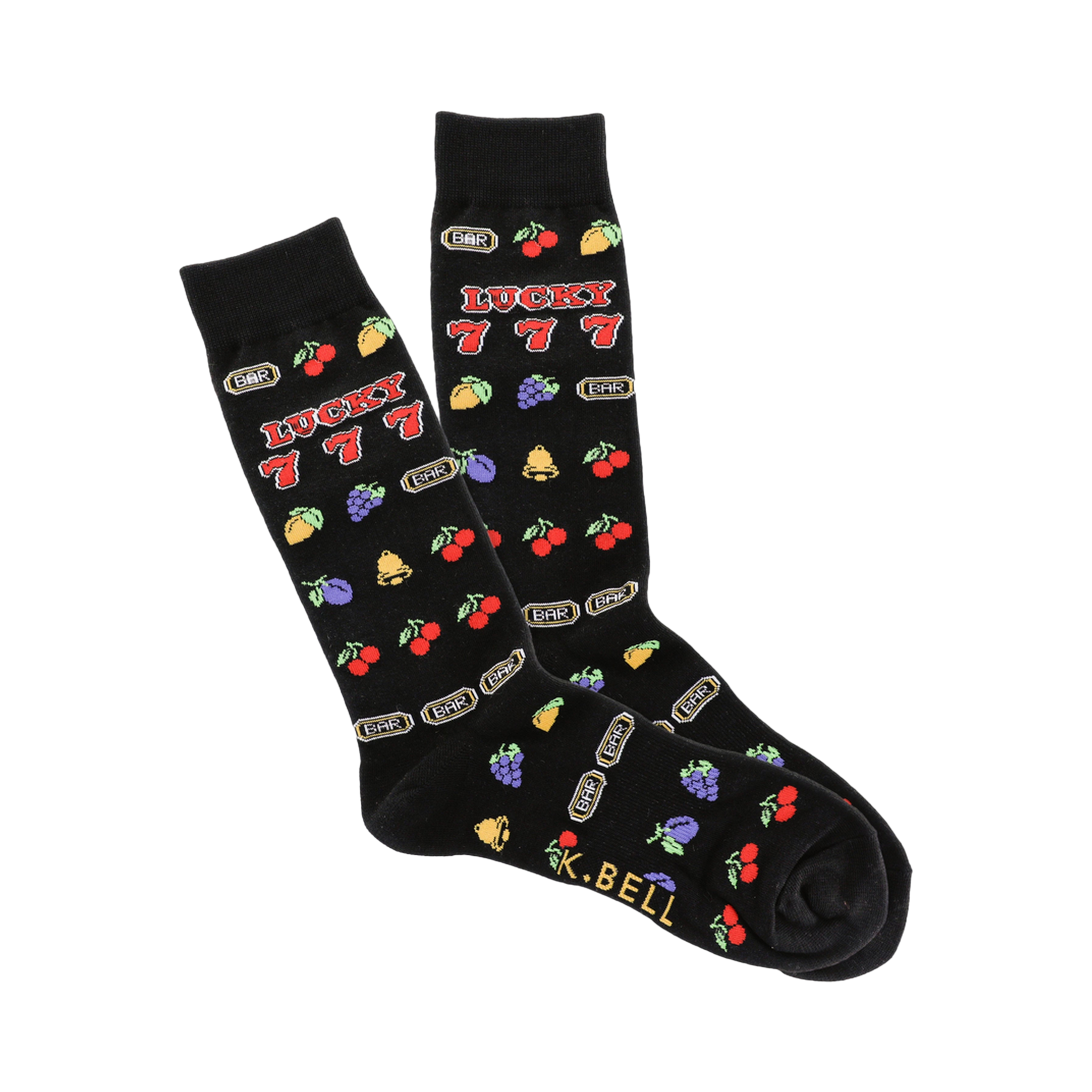 Black crew socks with a slot machine design.  Features red, yellow, purple fruit symbols, 'Lucky 777', and gold 'BAR' graphics.