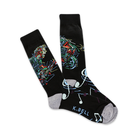 black crew socks with colorful guitar and music note pattern for men, supporting music education.  