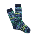 Pair of dark blue crew socks with a colorful all-over print of cannabis strain names and marijuana leaf icons.