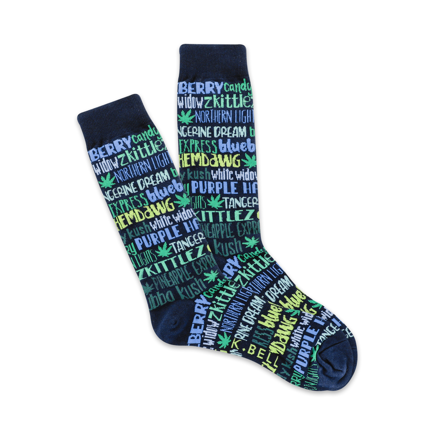 Pair of dark blue crew socks with a colorful all-over print of cannabis strain names and marijuana leaf icons.