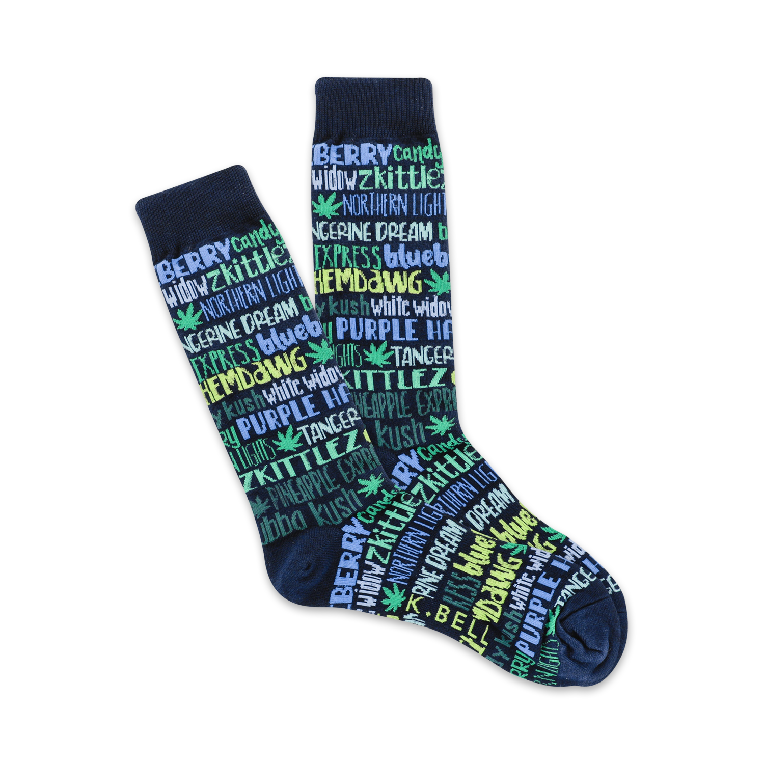 Pair of dark blue crew socks with a colorful all-over print of cannabis strain names and marijuana leaf icons.