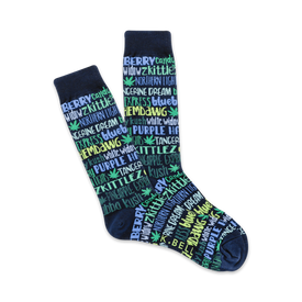 light blue, green, and yellow text naming cannabis strains on dark blue crew socks.   