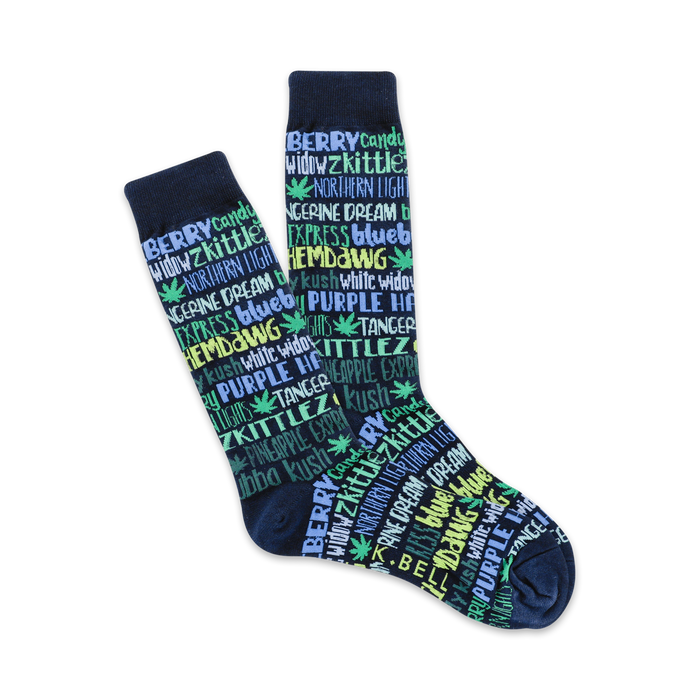 light blue, green, and yellow text naming cannabis strains on dark blue crew socks.    }}