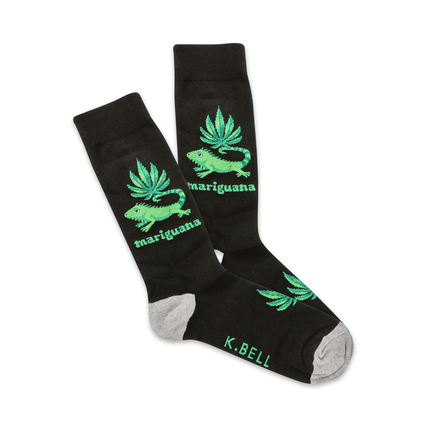 A pair of black crew socks with a fun design.  Green iguanas and marijuana leaves are featured on a black background. The socks have a grey heel and toe.