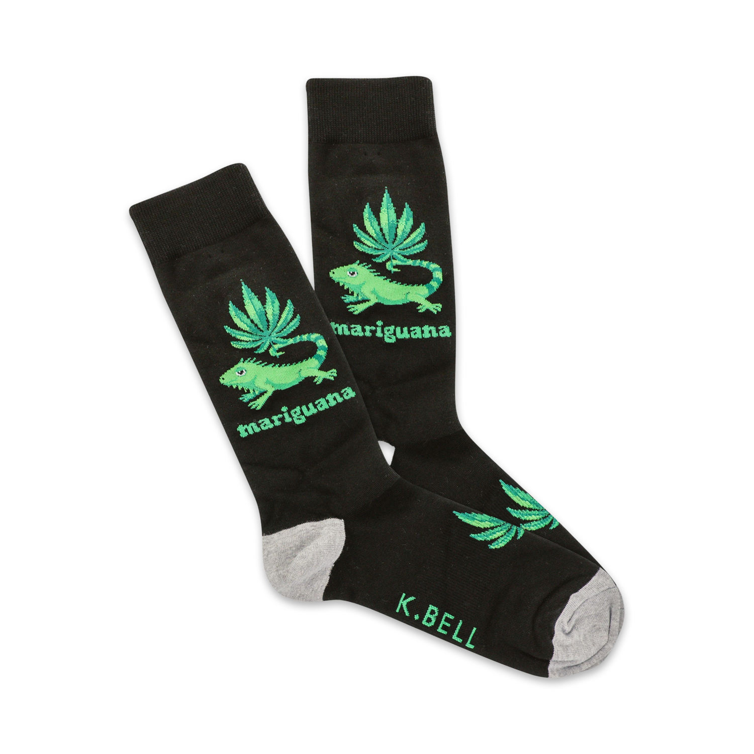 A pair of black crew socks with a fun design.  Green iguanas and marijuana leaves are featured on a black background. The socks have a grey heel and toe.