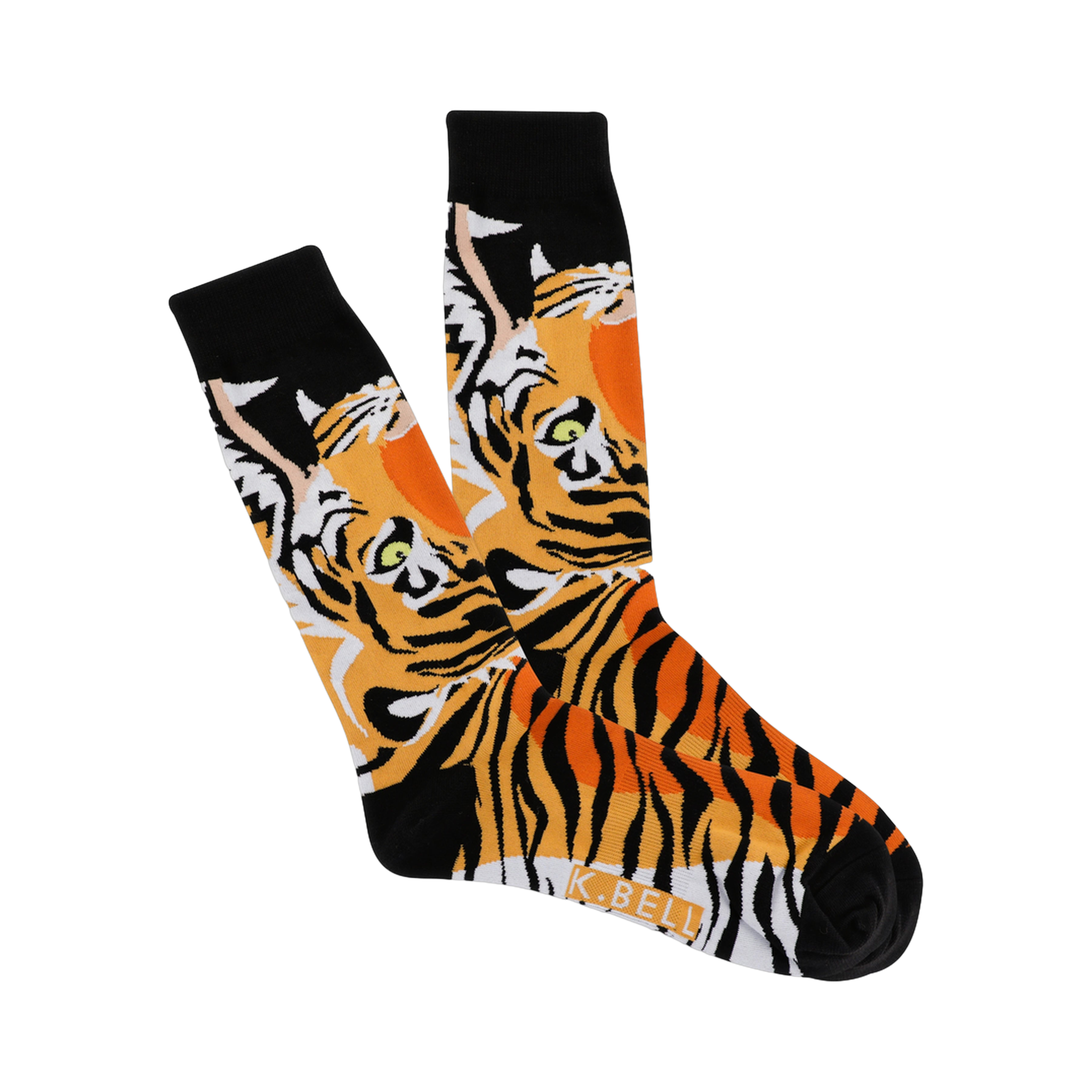 A pair of crew socks with a tiger face design. The tigers are predominantly orange and black with green eyes, set against a black background.