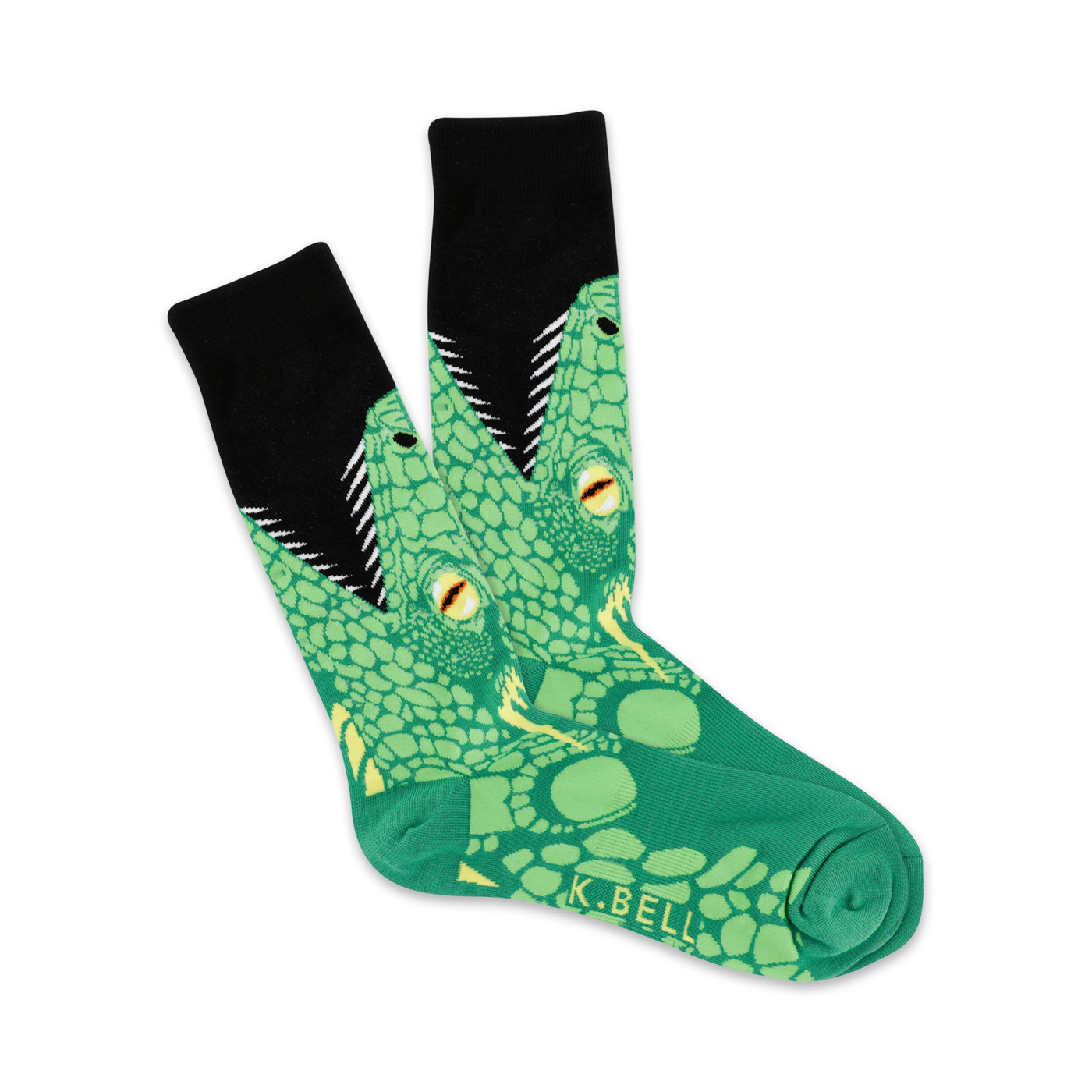 Pair of crew socks with a green lizard design. The lizards have open mouths, yellow eyes, and are shown on a black background.