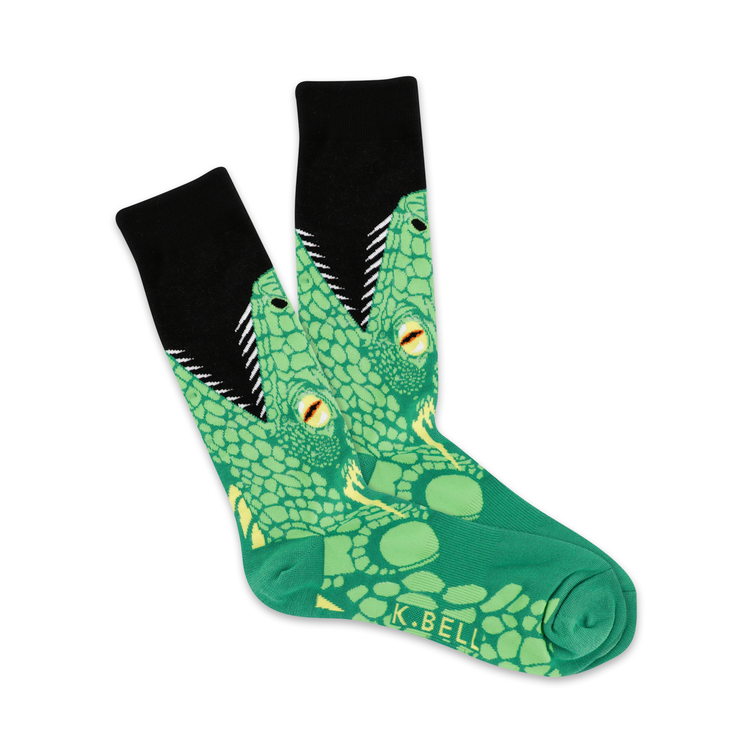 Pair of crew socks with a green lizard design. The lizards have open mouths, yellow eyes, and are shown on a black background.