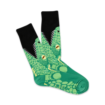 black toe and heel, green main part with pattern of open-mouthed lizards with yellow eyes and white teeth. mens crew length socks.   