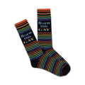 A pair of black crew socks with rainbow stripes and the phrase 'Born This Gay'.