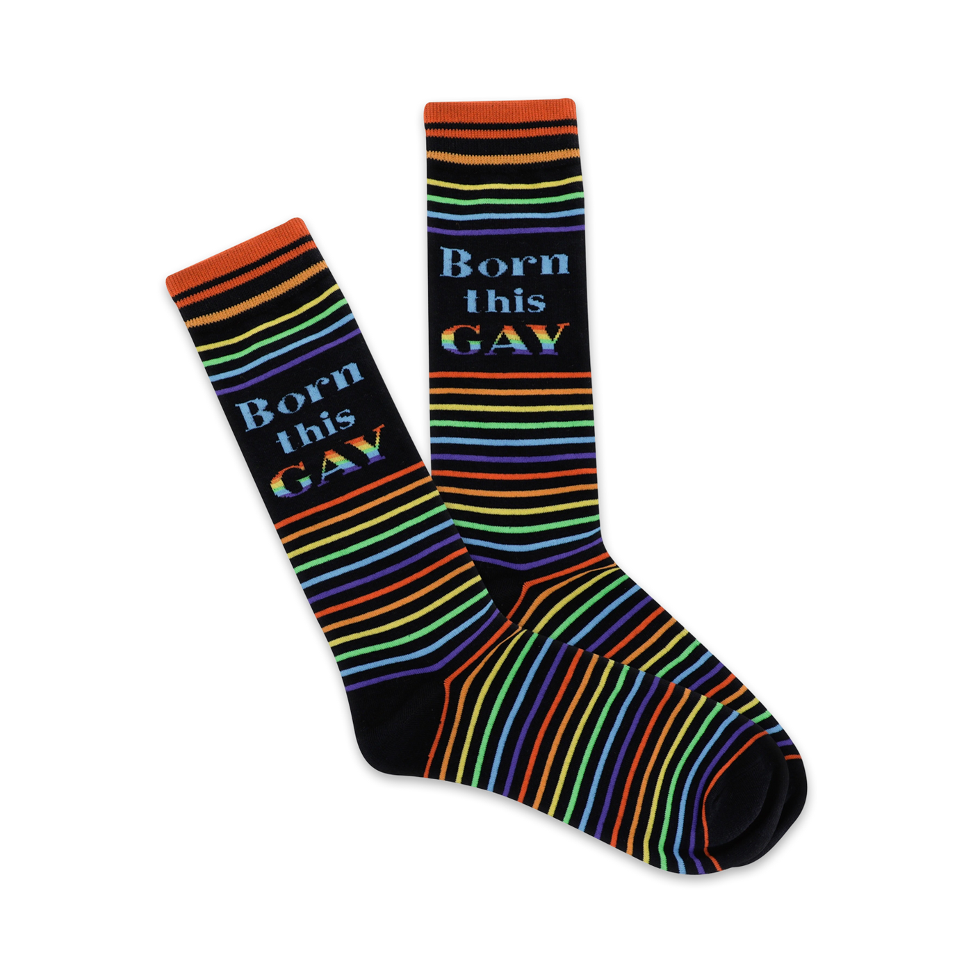 A pair of black crew socks with rainbow stripes and the phrase 'Born This Gay'.