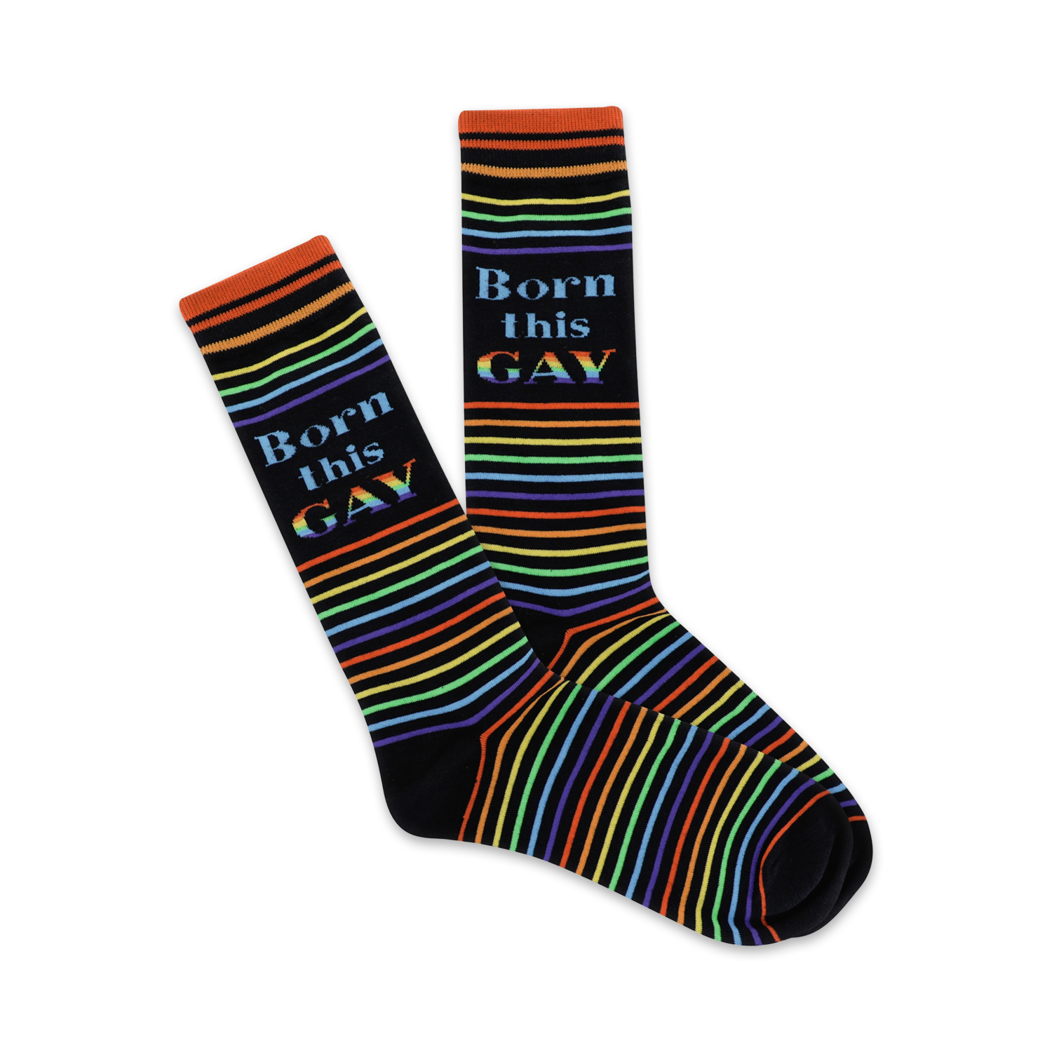 A pair of black crew socks with rainbow stripes and the phrase 'Born This Gay'.
