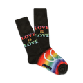 Black crew socks with 'Love is Love' in rainbow text and a rainbow peace symbol at the cuff.