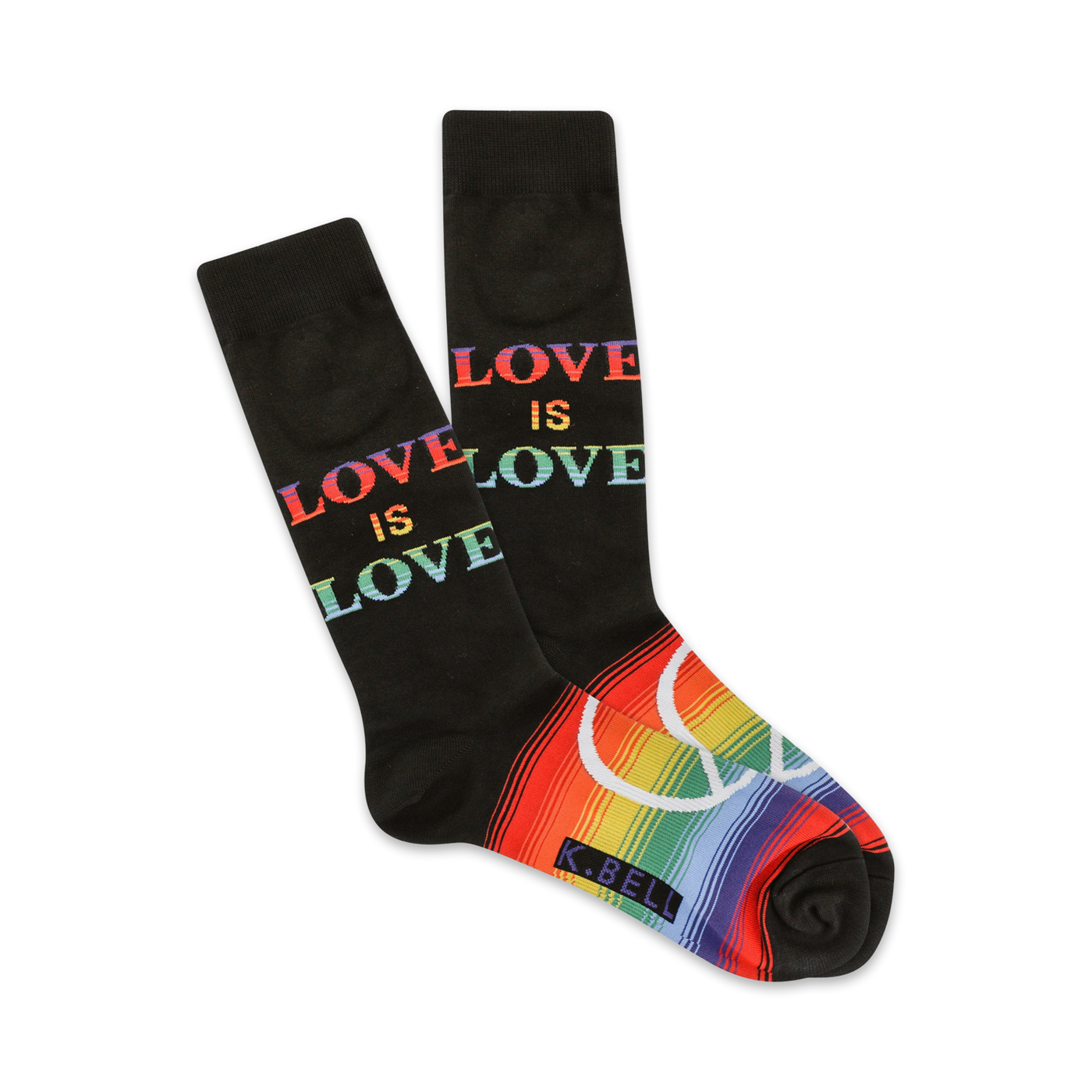 Black crew socks with 'Love is Love' in rainbow text and a rainbow peace symbol at the cuff.