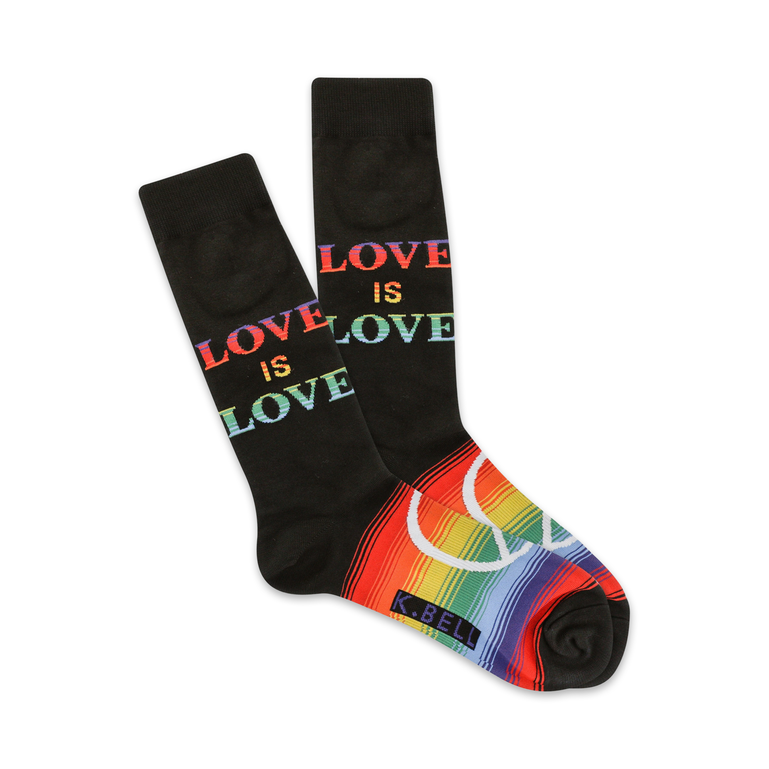 Black crew socks with 'Love is Love' in rainbow text and a rainbow peace symbol at the cuff.