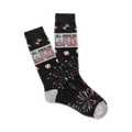 Pair of dark gray crew socks with an 'All American Dad' design. Features red, white, and blue stars, baseballs, footballs, and fireworks.