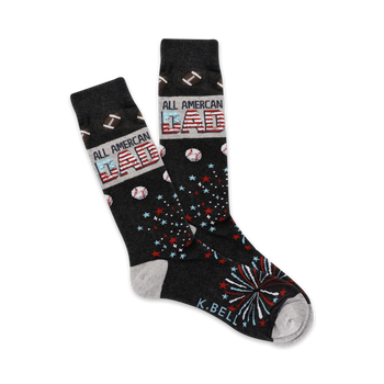  black, gray, red, white, and blue star-spangled crew-length "dad" novelty mens' all american patriotic independence day dress casual holiday wear sock.  