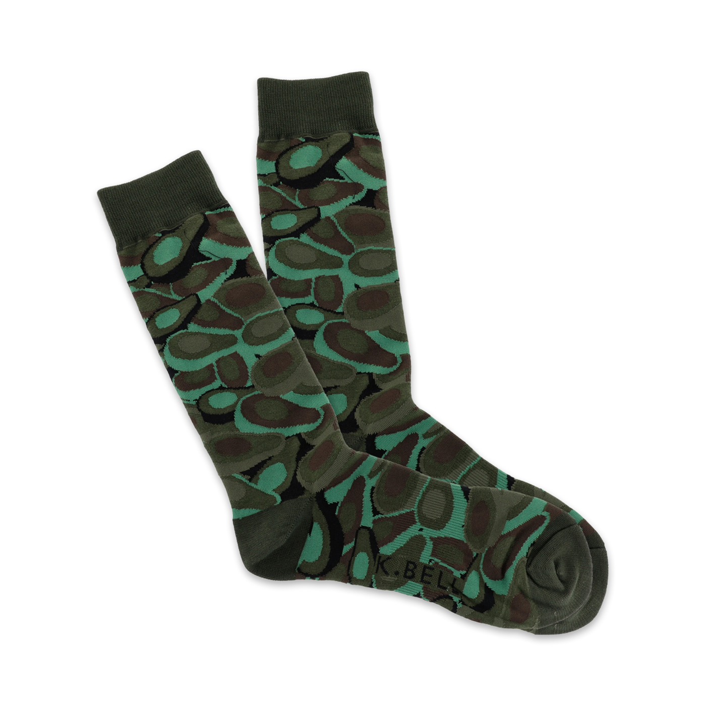Pair of crew socks in dark green and teal, featuring an avocado-inspired camouflage pattern.