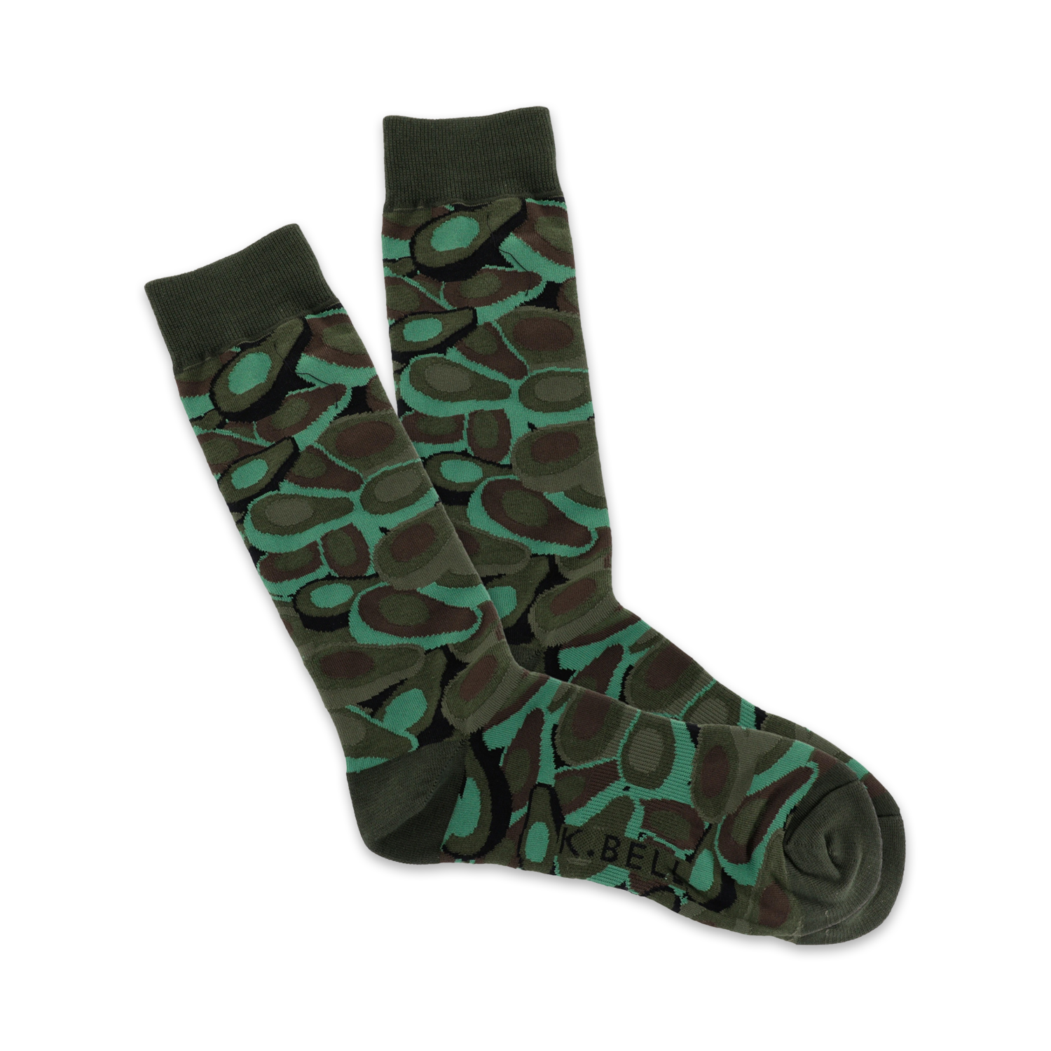 Pair of crew socks in dark green and teal, featuring an avocado-inspired camouflage pattern.