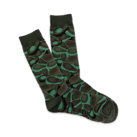 men's crew socks with an all-over pattern of avocado halves in various shades of green on an olive drab background.  