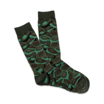 men's crew socks with an all-over pattern of avocado halves in various shades of green on an olive drab background.  