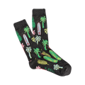 Crew socks in dark gray with a repeating pattern of palm trees, surfboards, and tropical leaves in bright teal, green, pink, and yellow.