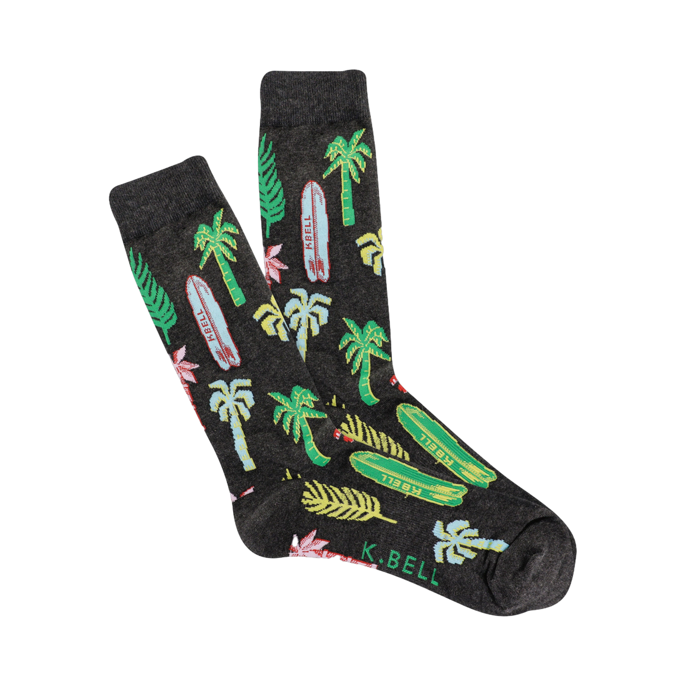 Crew socks in dark gray with a repeating pattern of palm trees, surfboards, and tropical leaves in bright teal, green, pink, and yellow.