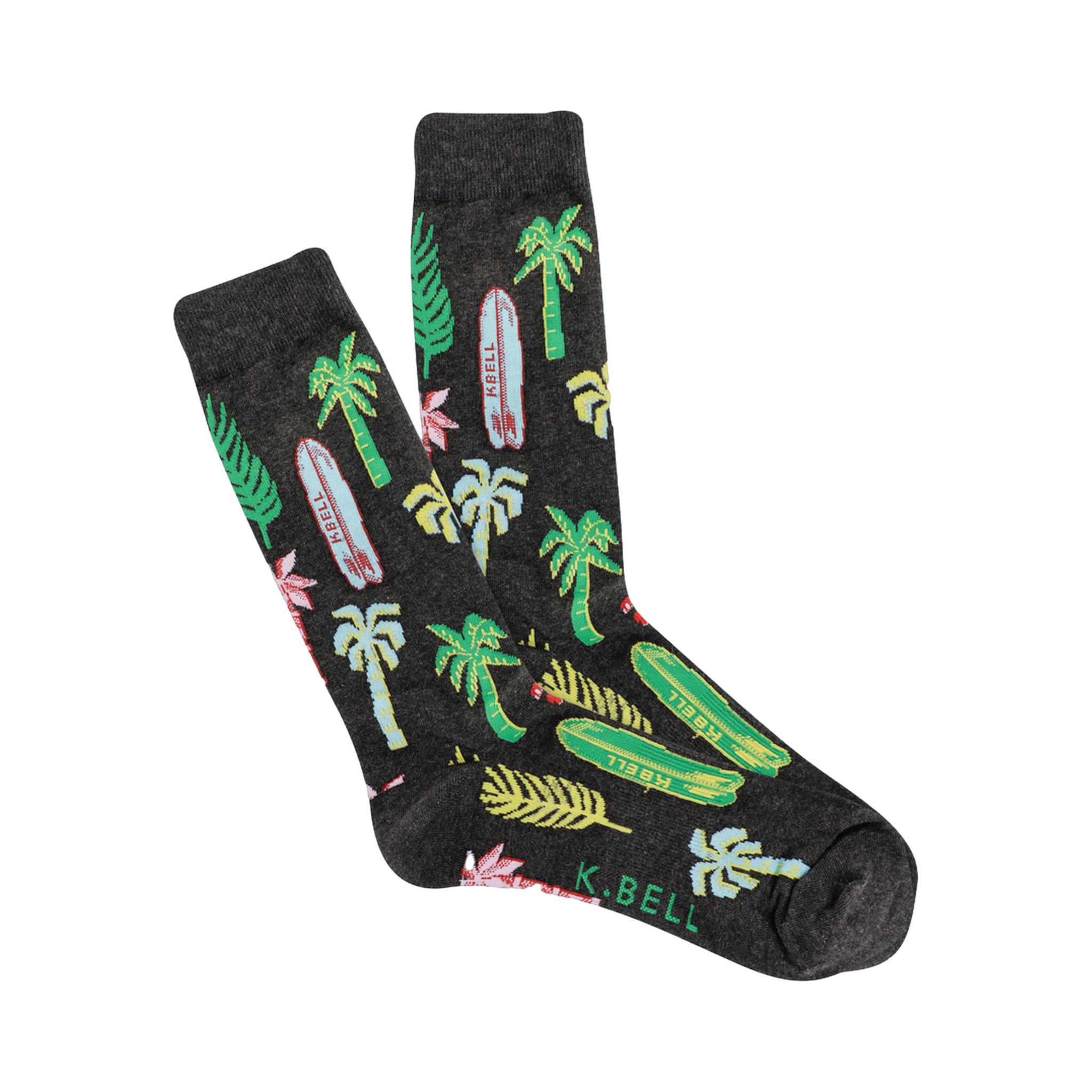 Crew socks in dark gray with a repeating pattern of palm trees, surfboards, and tropical leaves in bright teal, green, pink, and yellow.