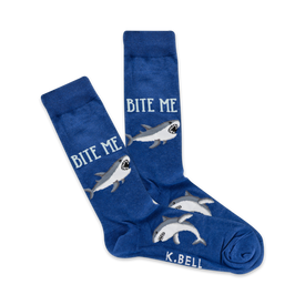 blue cotton crew socks featuring cartoon sharks with open mouths and "bite me" text   