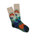 A pair of crew socks with a mountain scene, 'Take a Hike' text, and argyle pattern on the heel and toe.  Colors include teal, orange, green, and beige.