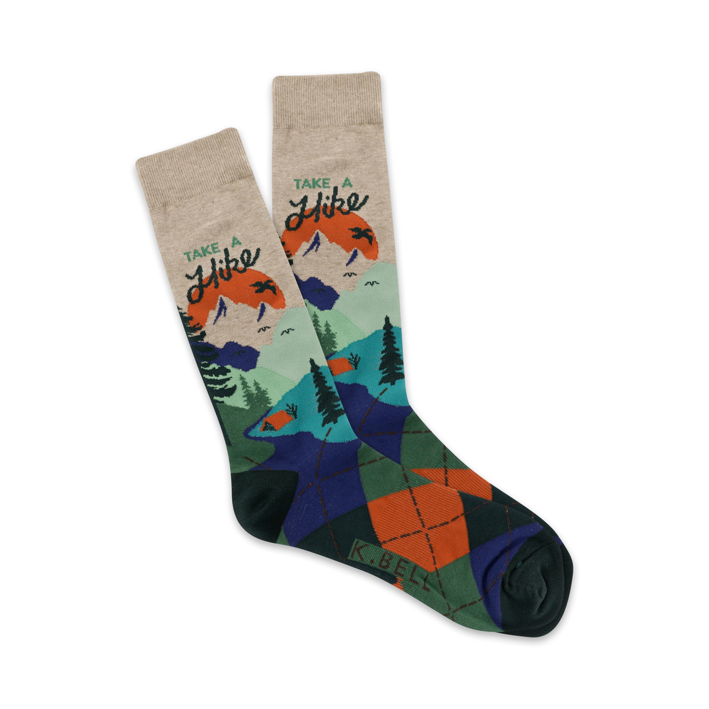 A pair of crew socks with a mountain scene, 'Take a Hike' text, and argyle pattern on the heel and toe.  Colors include teal, orange, green, and beige.