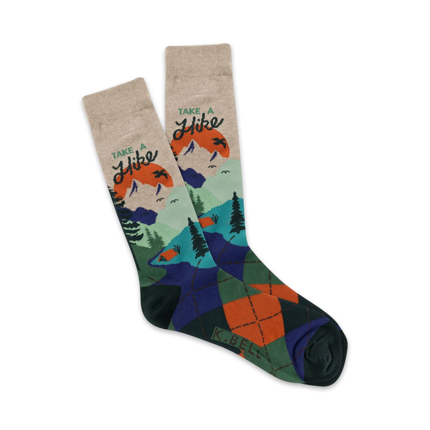 A pair of crew socks with a mountain scene, 'Take a Hike' text, and argyle pattern on the heel and toe.  Colors include teal, orange, green, and beige.