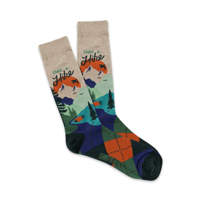 grey hiking crew socks with argyle pattern. image of birds and mountain. words 