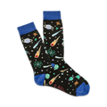 Pair of black crew socks with a vibrant space-themed print. Features planets, comets, stars, and atoms in green, orange, and blue.