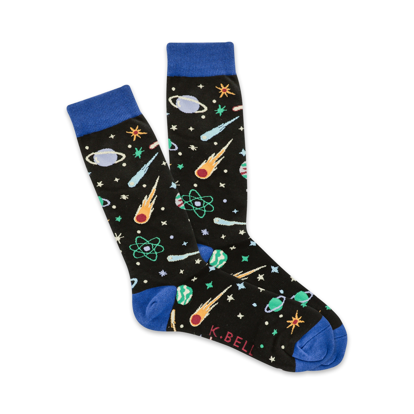 Pair of black crew socks with a vibrant space-themed print. Features planets, comets, stars, and atoms in green, orange, and blue.