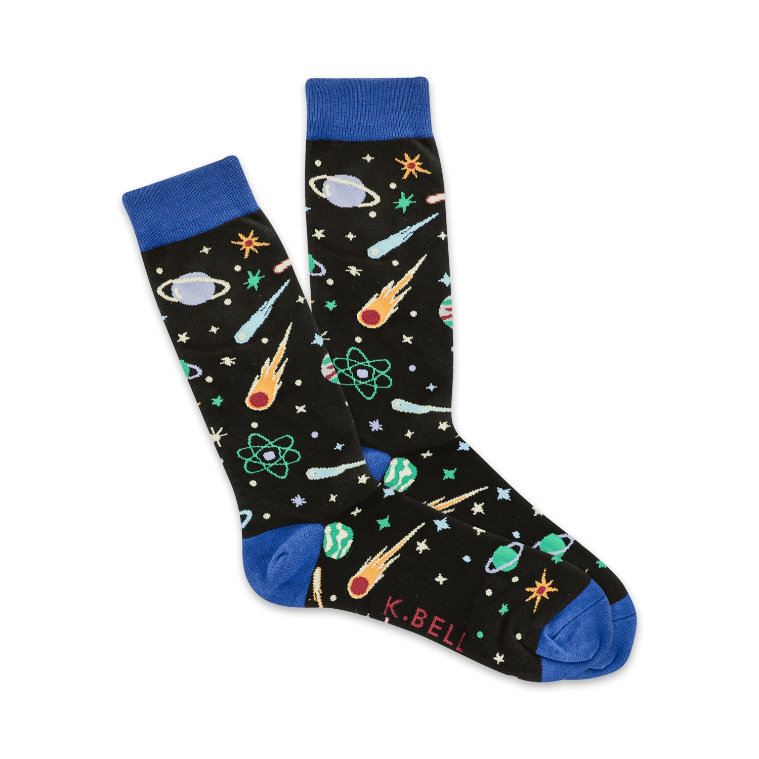 Pair of black crew socks with a vibrant space-themed print. Features planets, comets, stars, and atoms in green, orange, and blue.