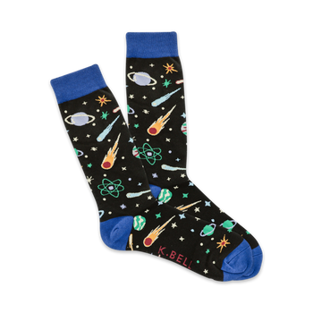 black crew socks featuring blue toes and heels. pattern of space including planets, stars, comets, and atoms.  
