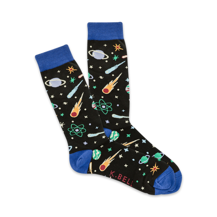 black crew socks featuring blue toes and heels. pattern of space including planets, stars, comets, and atoms.   }}