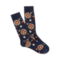 Pair of navy blue crew socks with a repeating pattern of pizza slices, pizza cutters, and soda cups. 