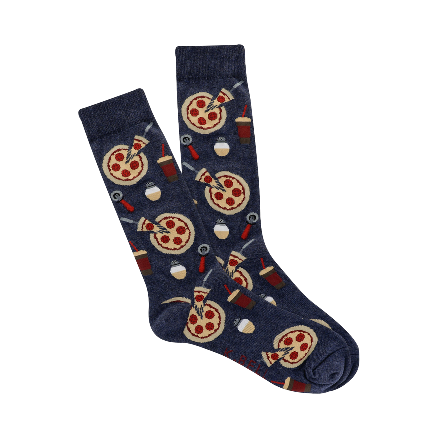 Pair of navy blue crew socks with a repeating pattern of pizza slices, pizza cutters, and soda cups. 