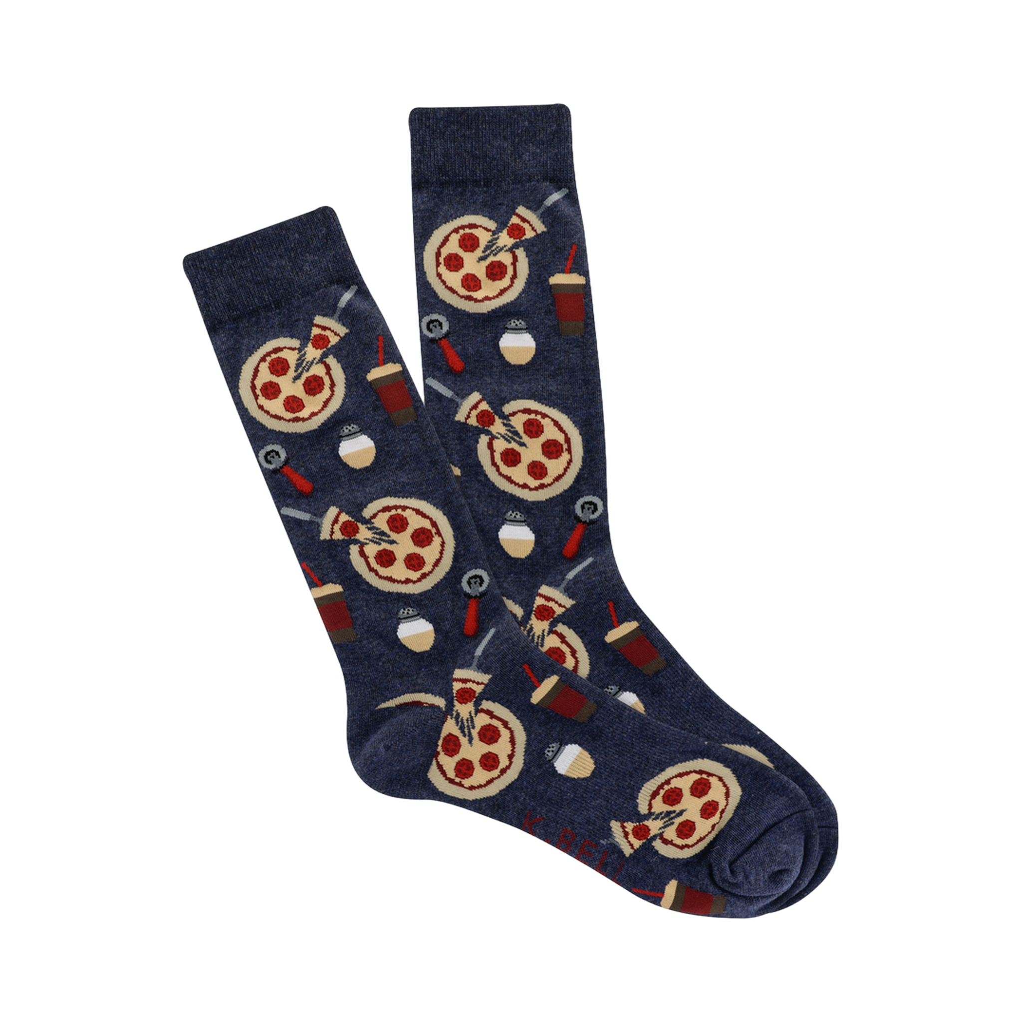 Pair of navy blue crew socks with a repeating pattern of pizza slices, pizza cutters, and soda cups. 