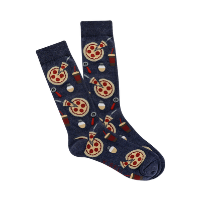 Pair of navy blue crew socks with a repeating pattern of pizza slices, pizza cutters, and soda cups. 