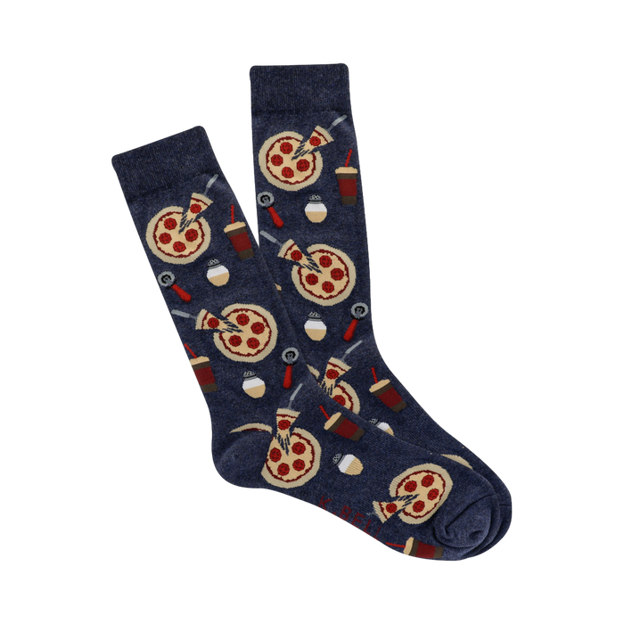 Pair of navy blue crew socks with a repeating pattern of pizza slices, pizza cutters, and soda cups.  }}