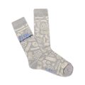 Pair of grey crew socks featuring a whimsical pasta pattern and the text 'Penne For your thoughts' in light blue.